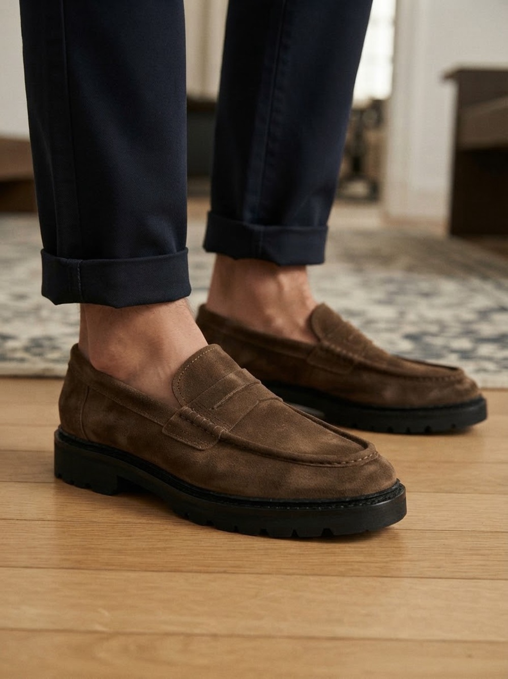 Massimo Dutti Brown Suede Chunky Lug Sole Penny Loafers EU 42 / US 9